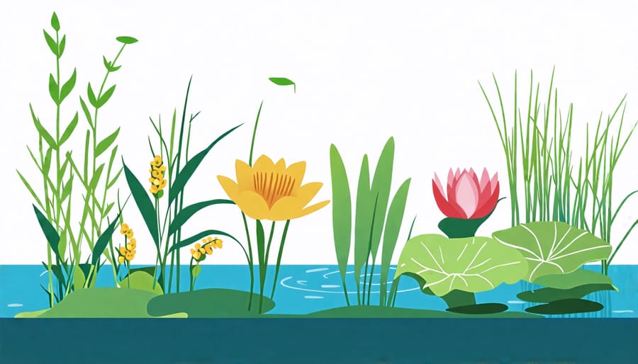 Diagram of strategic aquatic plant positioning in a pond for natural filtration