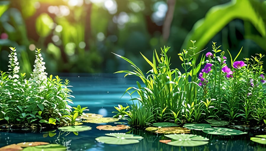 Collage of popular water plants for pond ecosystems, including their names