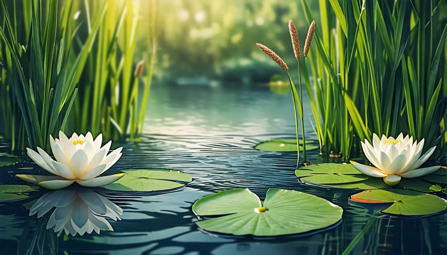 Selection of aquatic plants including water lilies and reeds providing habitat in a pond