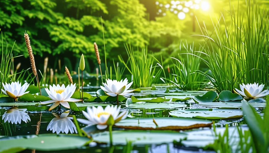 Aquatic plants with vibrant green leaves and colorful blooms floating in a serene water garden