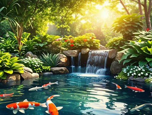 A peaceful and picturesque backyard ecosystem pond with colorful koi fish swimming under lush aquatic plants and a gentle waterfall, surrounded by vibrant greenery, showcasing a natural habitat.