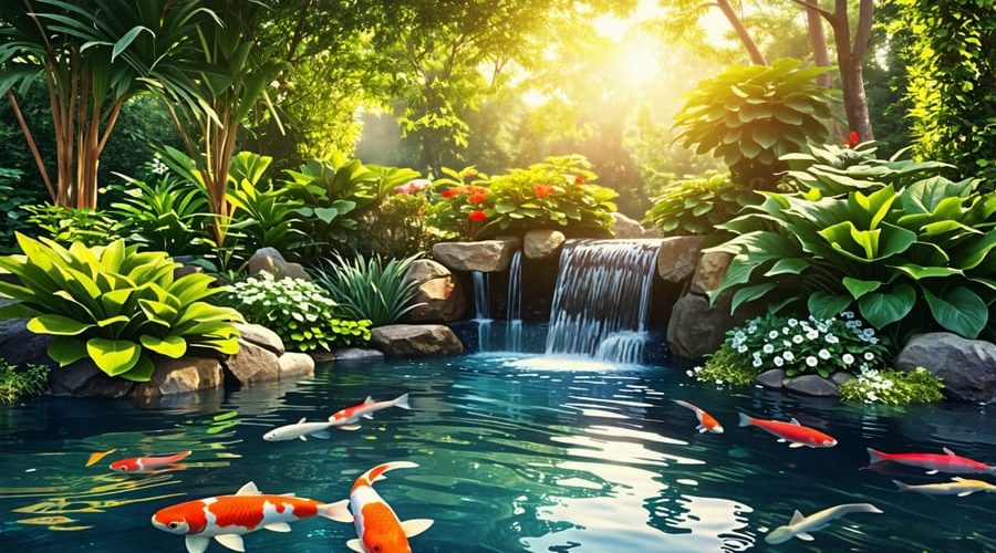 A peaceful and picturesque backyard ecosystem pond with colorful koi fish swimming under lush aquatic plants and a gentle waterfall, surrounded by vibrant greenery, showcasing a natural habitat.