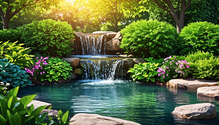 A garden pond with a waterfall surrounded by greenery in a backyard setting