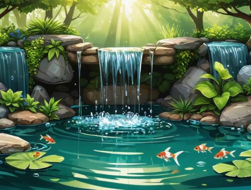 Illustration of a serene backyard pond with a waterfall, aquatic plants, and fish, demonstrating factors shaping pond climate such as temperature, sunlight, and biological activity.