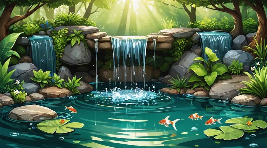 Illustration of a serene backyard pond with a waterfall, aquatic plants, and fish, demonstrating factors shaping pond climate such as temperature, sunlight, and biological activity.