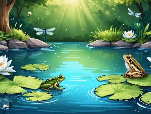 A vibrant illustration of a backyard pond ecosystem featuring dragonflies, amphibians, and diverse aquatic plants, emphasizing biodiversity and pond health.