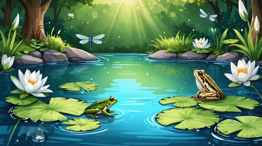 A vibrant illustration of a backyard pond ecosystem featuring dragonflies, amphibians, and diverse aquatic plants, emphasizing biodiversity and pond health.