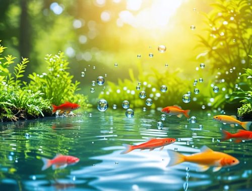 A picturesque and vibrant backyard pond showcasing various aquatic plants and colorful fish under clear water, illustrating a balanced and thriving ecosystem.