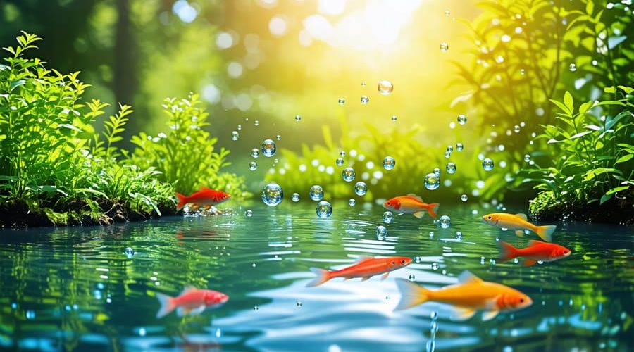 A picturesque and vibrant backyard pond showcasing various aquatic plants and colorful fish under clear water, illustrating a balanced and thriving ecosystem.