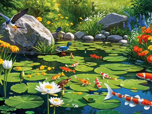 A picturesque backyard pond with native water plants such as water lilies and marsh marigolds, dragonflies, frogs, a koi fish, and aquatic birds like a Mallard, creating a vibrant habitat.