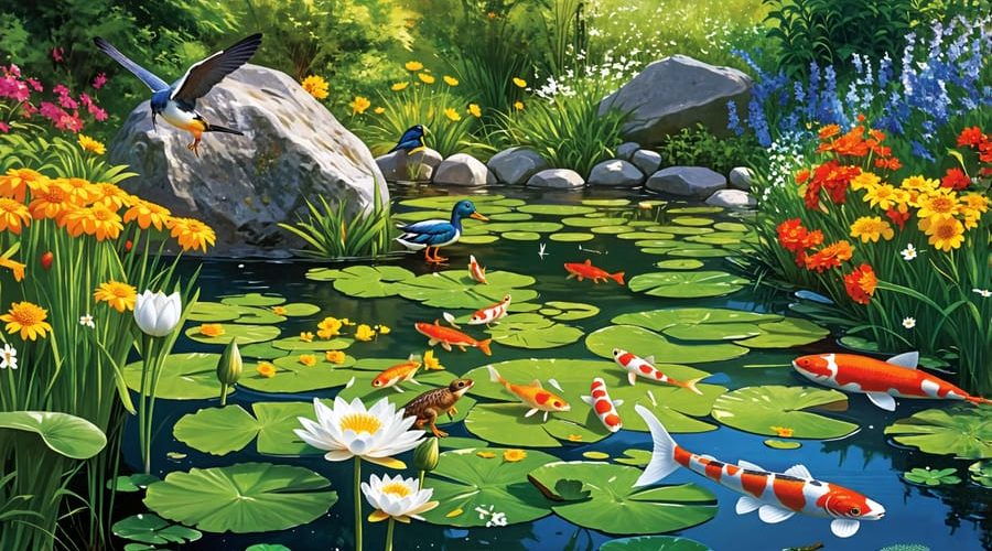 A picturesque backyard pond with native water plants such as water lilies and marsh marigolds, dragonflies, frogs, a koi fish, and aquatic birds like a Mallard, creating a vibrant habitat.