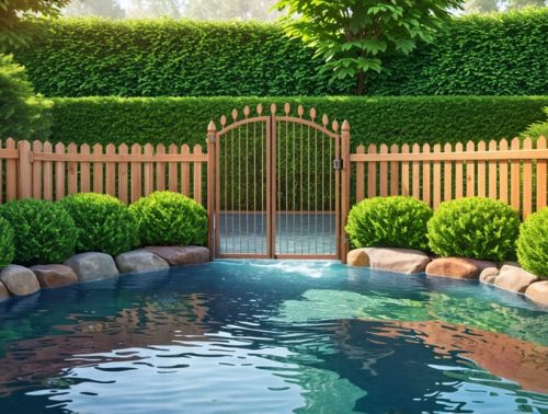 A backyard pond featuring a secure, decorative wooden picket fence and surrounding greenery, illustrating a safe and serene environment for families and pets.