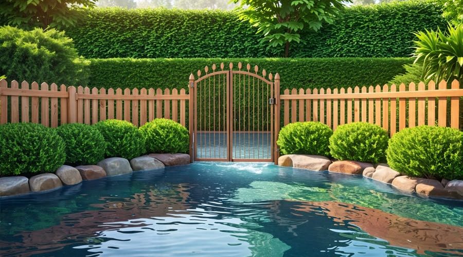 A backyard pond featuring a secure, decorative wooden picket fence and surrounding greenery, illustrating a safe and serene environment for families and pets.