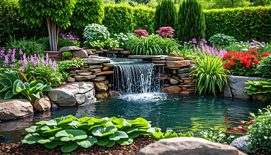 Picturesque wildlife pond landscaped into a backyard garden