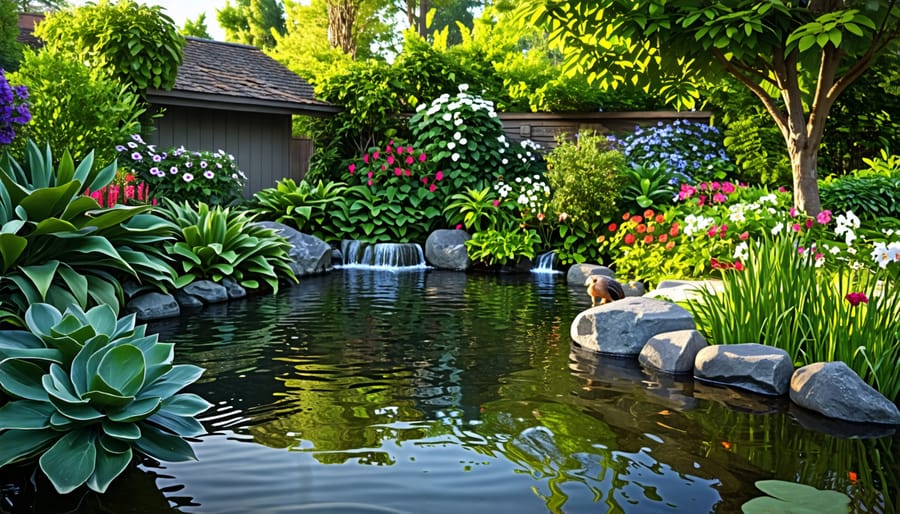 A vibrant backyard pond with plants and wildlife such as frogs and birds