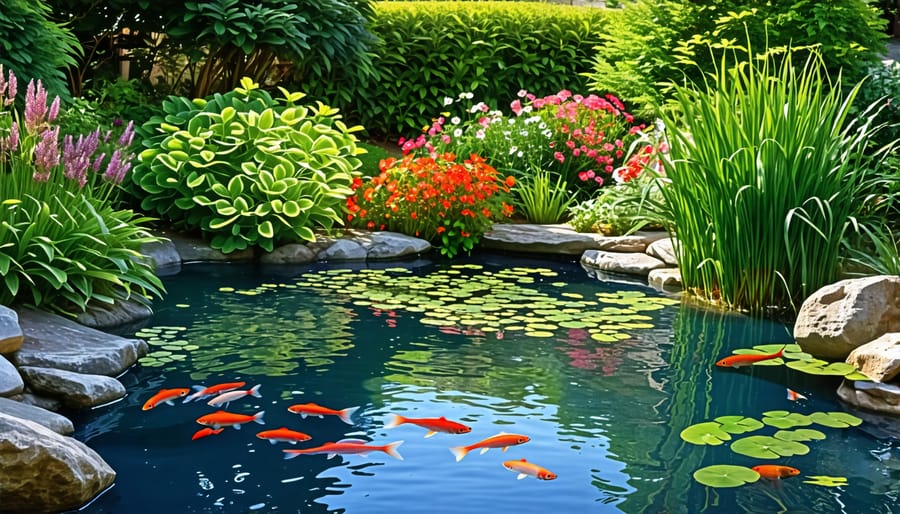 Backyard pond with aquatic plants and fish, showcasing an ideal pond setting