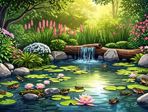 An artistic illustration of a backyard wildlife pond, showcasing aquatic plants, frogs, and dragonflies, with natural stone edges and logs.