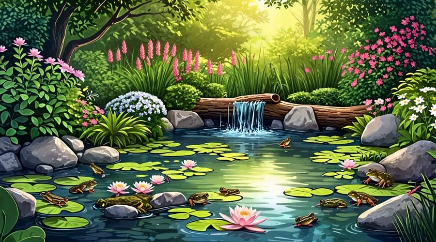 An artistic illustration of a backyard wildlife pond, showcasing aquatic plants, frogs, and dragonflies, with natural stone edges and logs.