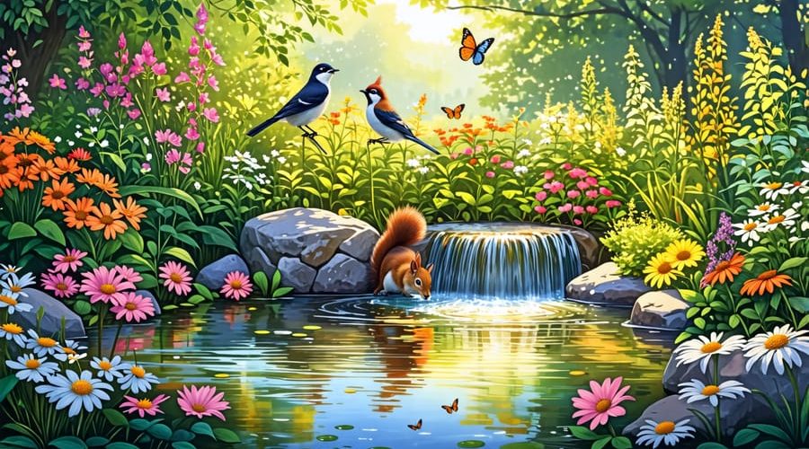 A diverse array of wildlife, including birds and small mammals, gather at a well-designed water guzzler in a picturesque backyard pond setting.