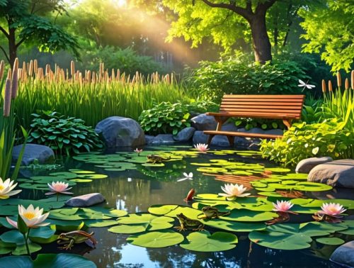 A serene backyard wildlife pond surrounded by water lilies and cattails, with a dragonfly hovering above and frogs resting near the water’s edge. Sunlight bathes the pond in a tranquil, natural setting.