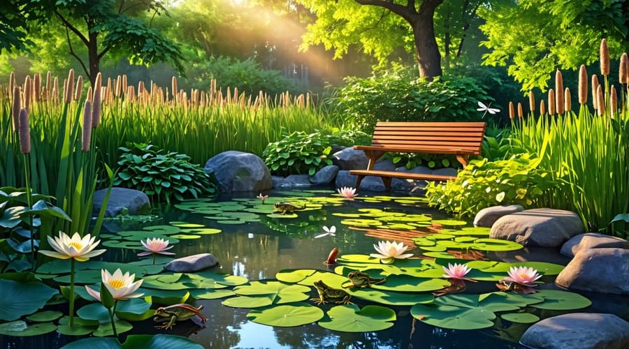 A serene backyard wildlife pond surrounded by water lilies and cattails, with a dragonfly hovering above and frogs resting near the water’s edge. Sunlight bathes the pond in a tranquil, natural setting.