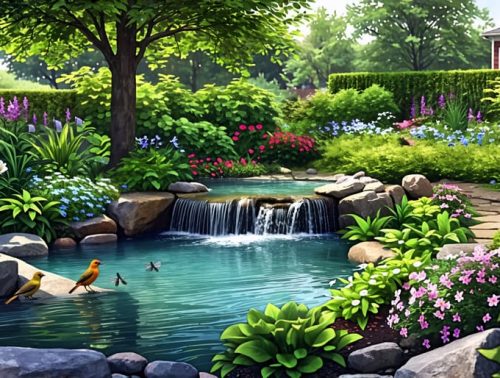 A tranquil backyard wildlife pond with lush greenery, a small waterfall, and vibrant wildlife, including birds and dragonflies creating a serene natural setting.