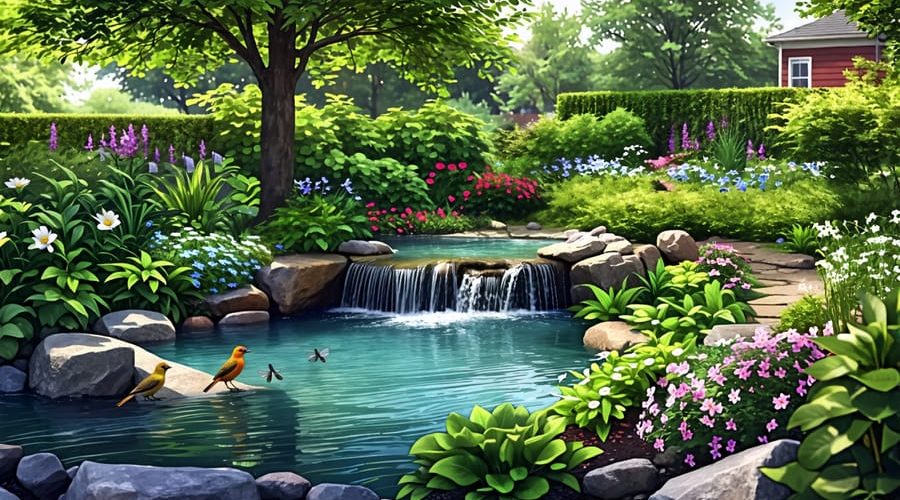 A tranquil backyard wildlife pond with lush greenery, a small waterfall, and vibrant wildlife, including birds and dragonflies creating a serene natural setting.