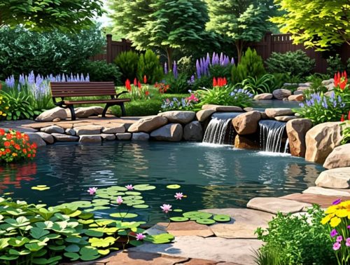 A landscaped wildlife pond with vibrant aquatic plants, a cascading waterfall, and a wooden bench, creating a tranquil backyard oasis surrounded by native wildflowers.