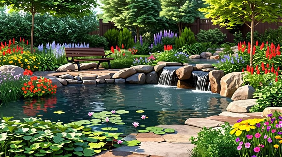 A landscaped wildlife pond with vibrant aquatic plants, a cascading waterfall, and a wooden bench, creating a tranquil backyard oasis surrounded by native wildflowers.