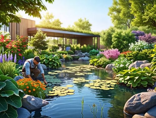 An illustration of a gardener inspecting plants in a water garden, surrounded by diverse vegetation and symbols of biological control and cultural practices, capturing the essence of Integrated Pest Management.