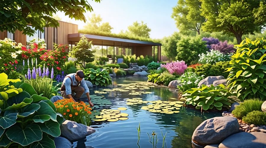 An illustration of a gardener inspecting plants in a water garden, surrounded by diverse vegetation and symbols of biological control and cultural practices, capturing the essence of Integrated Pest Management.