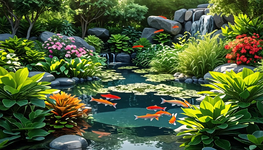 A pond showcasing a variety of aquatic plants and fish, demonstrating ecological balance