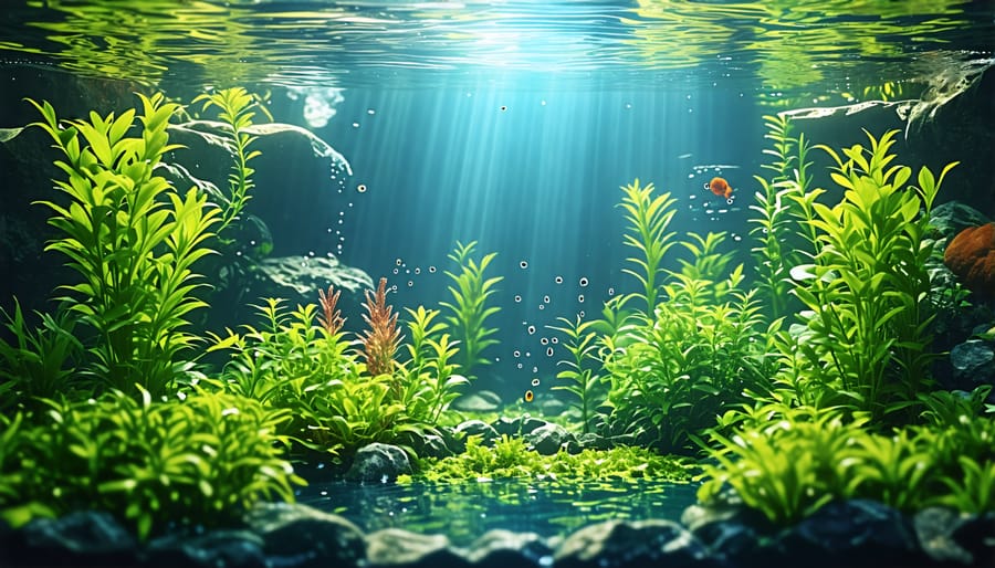 Healthy pond with lush aquatic vegetation and transparent water