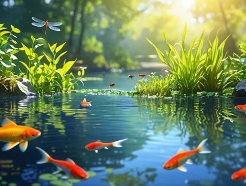 A picturesque pond ecosystem with diverse aquatic plants, fish, and insects, illustrating the balance of predator-prey dynamics within a thriving water garden.