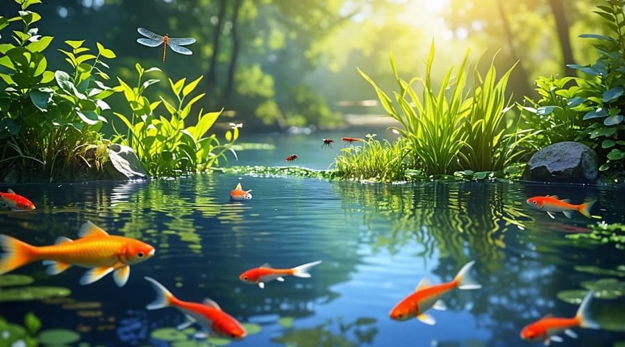 A picturesque pond ecosystem with diverse aquatic plants, fish, and insects, illustrating the balance of predator-prey dynamics within a thriving water garden.