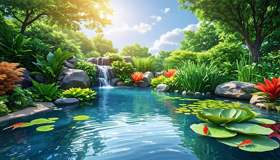 Thriving water garden with clear water, aquatic plants, and fish