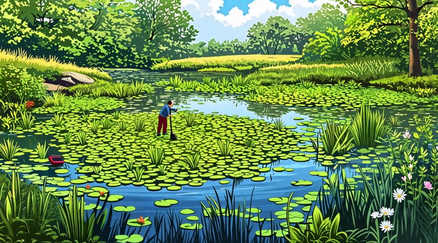 Illustration of a pond with dense invasive plant growth being managed with tools, highlighting the challenge of maintaining ecological balance.