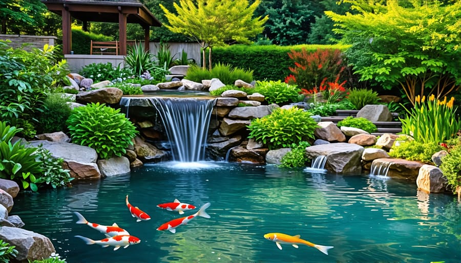 Picturesque backyard ecosystem pond with thriving aquatic plants, waterfall, and colorful koi fish