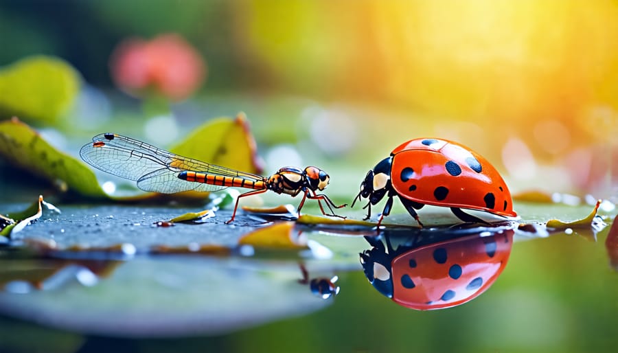 Natural pest predators, including ladybugs and dragonflies, near a healthy water garden