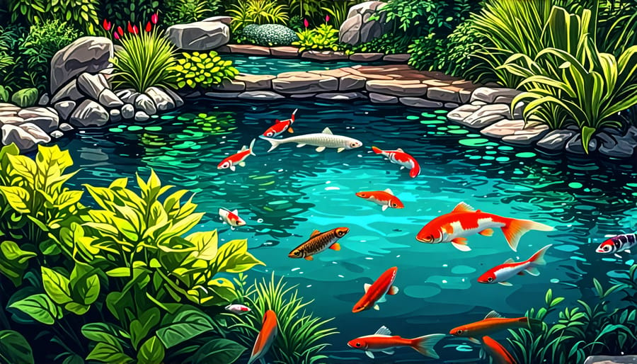 Thriving ecosystem in a garden pond with diverse aquatic life