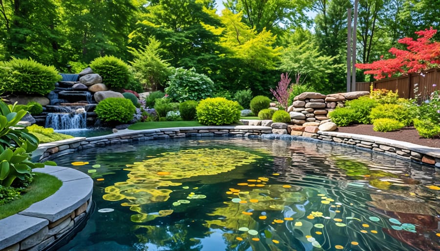 Climate-resilient backyard pond design with stone borders and overflow drainage