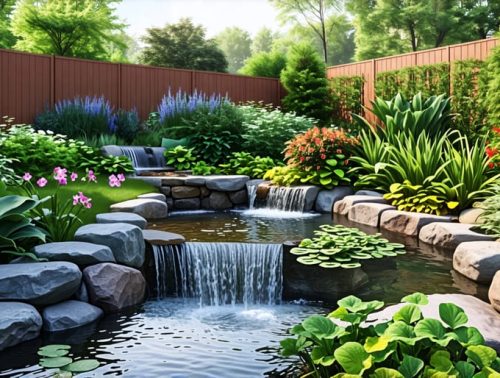 A tranquil water garden illustrating climate adaptation design with stone-bordered pond, overflow drainage, and diverse aquatic plants.