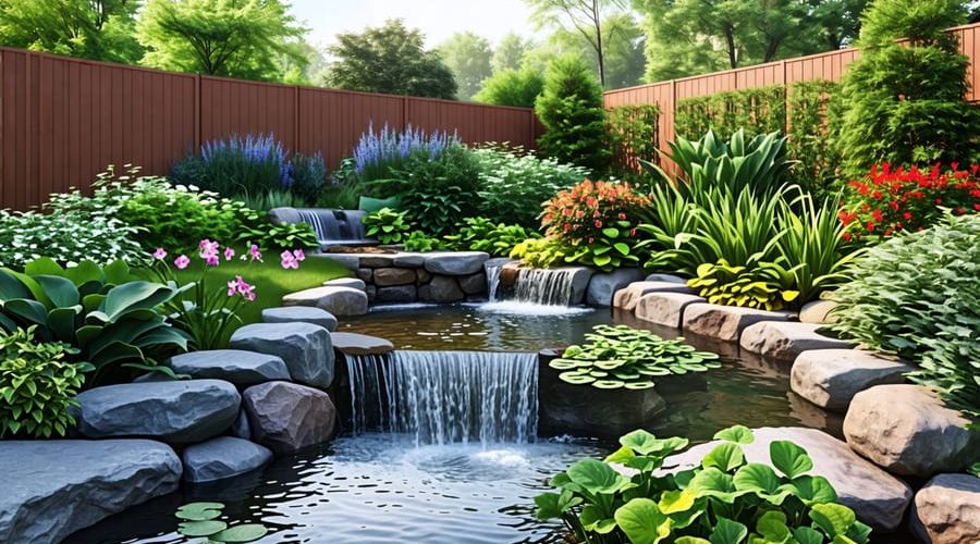 A tranquil water garden illustrating climate adaptation design with stone-bordered pond, overflow drainage, and diverse aquatic plants.