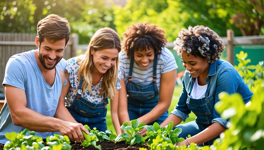 Neighbors of various ages cooperating in a vibrant community garden