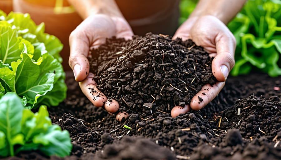 Hands holding organic compost in a healthy vegetable garden