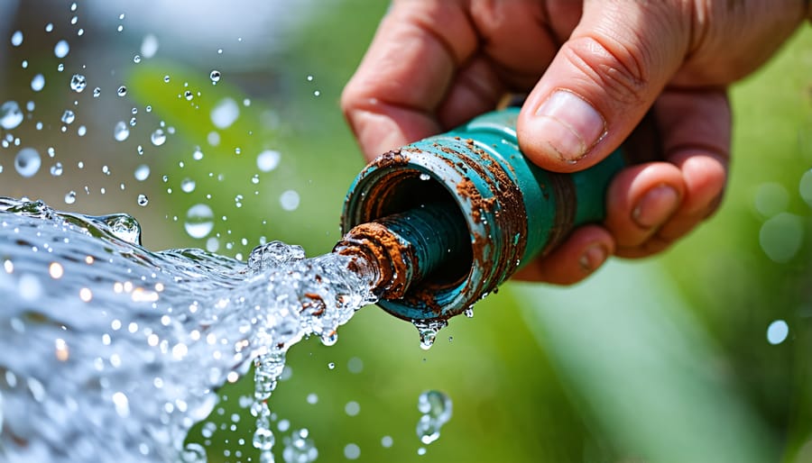 Closeup of a rusty, corroded garden hose interior with water flowing through it