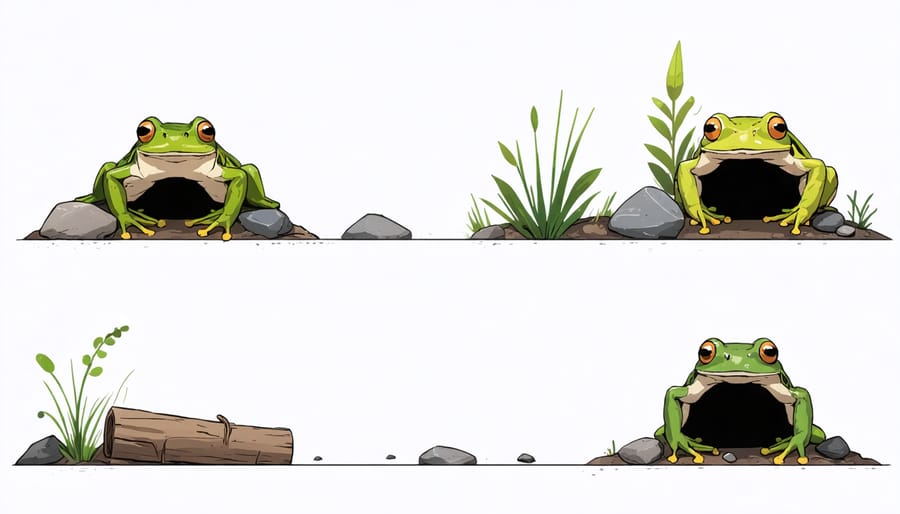 Diagram showing the process of incorporating shelter elements into a frog pond