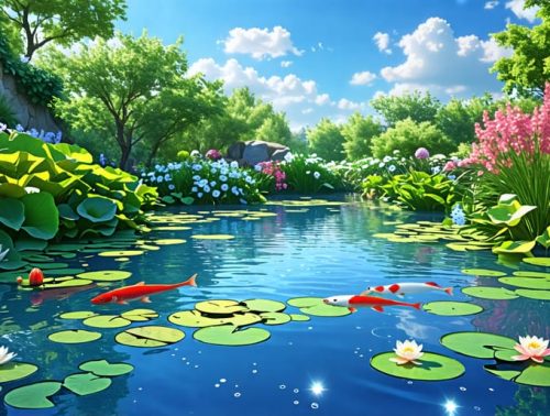 Crystal clear garden pond with blooming water lilies, green pondside plants, and colorful fish in a tranquil setting.