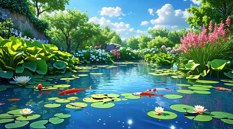 Crystal clear garden pond with blooming water lilies, green pondside plants, and colorful fish in a tranquil setting.