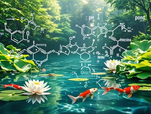 A crystal-clear pond with vibrant fish and floating water lilies, surrounded by lush greenery, symbolizing the balanced chemistry needed for a healthy pond ecosystem.